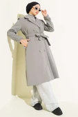 Boydan Düğmeli Kruvaze Yaka Kaşe Kaban Gri thumbnail 1