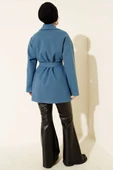 Çift Cepli Kruvaze Kuşaklı Kısa Kaban Mavi thumbnail 3