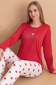 Lover Baskılı Kalpli Pijama Takımı Kırmızı thumbnail 1