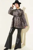 Deri Yaka Garnili Leopar Desenli Ceket Bej thumbnail 2