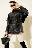Pelerinli Kemerli Deri Ceket Siyah thumbnail 1