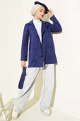 Düğmeli Kuşaklı Süet Ceket Lacivert thumbnail 2