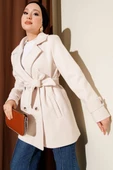 Kuşaklı Kruvaze Yaka Kısa Kaşe Kaban Ekru thumbnail 1