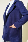 Düğmeli Kuşaklı Süet Ceket Lacivert thumbnail 4