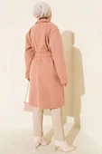 Kuşaklı Cepli Kaşe Kaban Pudra thumbnail 3