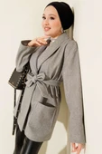 Çift Cepli Kruvaze Kuşaklı Kısa Kaban Gri thumbnail 1