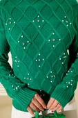 Dik Yaka Taşlı Triko Kazak Yeşil thumbnail 4