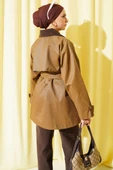 Kadife Yaka Kuşaklı Trençkot Camel thumbnail 3