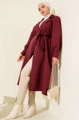 Kruvaze Yaka Kuşak Detaylı Trençkot Bordo thumbnail 2