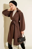 Kruvaze Yaka Balon Kol Kuşaklı Trençkot Kahve thumbnail 1
