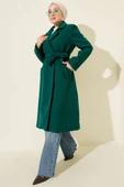 Kol Düğmeli Kuşaklı Kaşe Kaban Zümrüt thumbnail 2