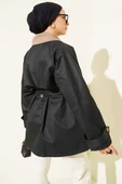 Kadife Yaka Kuşaklı Trençkot Siyah thumbnail 3