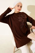 Büyük Çiçek Desenli Triko Tunik Kahve thumbnail 1