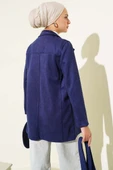Düğmeli Kuşaklı Süet Ceket Lacivert thumbnail 3