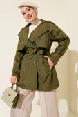 Pelerinli Dört Düğmeli Kısa Trençkot Haki thumbnail 1