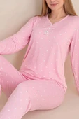 Üç Düğmeli Puantiyeli Pijama Takımı Pembe thumbnail 2