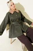 Kadife Yaka Kuşaklı Trençkot Haki thumbnail 1