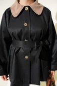 Kadife Yaka Kuşaklı Trençkot Siyah thumbnail 4