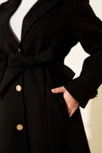 Kuşaklı Gold Düğmeli Kaşe Kaban Siyah thumbnail 4
