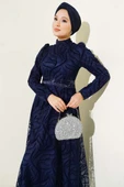 Kendinden Desenli Tül Kuşak Abiye Elbise Lacivert thumbnail 2