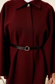 Kemerli Gömlek Yaka Kaşe Panço Bordo thumbnail 4