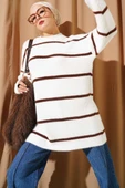 Yatay Çizgili Sakallı Triko Tunik Ekru thumbnail 1