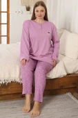 Kalp Nakışlı Büyük Beden Pijama Takımı Lila thumbnail 2
