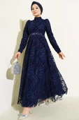 Kendinden Desenli Tül Kuşak Abiye Elbise Lacivert thumbnail 1