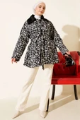 Leopar Desen Kadife Yaka Trençkot Siyah thumbnail 2