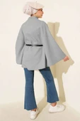 Tek Düğmeli Kemerli Kaşe Panço Gri thumbnail 3