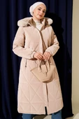 Kapüşonlu Baklava Kapitone Uzun Mont Bej thumbnail 2