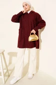 Bilek Ribanalı Kapüşonlu Buklet Hırka Bordo thumbnail 2