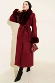 Yaka ve Bilek Kürklü Kaşe Kaban Bordo thumbnail 2