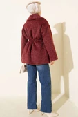 Deri Çıtçıtlı Sakallı Kuşaklı Ceket Bordo thumbnail 3