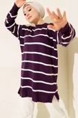 Bisiklet Yaka Yatay Çizgili Triko Tunik Mor thumbnail 1