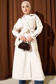 Düğmeli Kuşaklı Deri Trençkot Ekru thumbnail 2