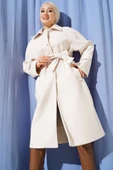Kuşaklı Düğmeli Kaşe Kaban Ekru thumbnail 2