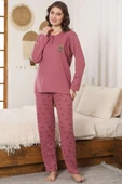 Ayıcık Nakışlı Fitilli Uzun Kollu Pijama Takımı Gül Kurusu thumbnail 2