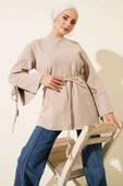 Bilek İpli Fitilli Kaşe Tunik Bej thumbnail 1