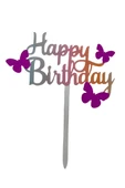 Pasta Üstü Çubuklu Happy Birthday Kelebek Renkli 11x12 cm thumbnail 2