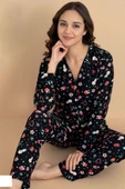 Gömlek Yaka Desenli Süet Pijama Takımı Siyah thumbnail 1