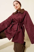 Kadife Yaka Süet Kuşaklı Ceket Mürdüm thumbnail 1