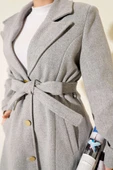 Kuşaklı Gold Düğmeli Kaşe Kaban Gri thumbnail 4