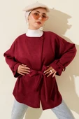 Tek Düğmeli Kuşaklı Süet Ceket Bordo thumbnail 1
