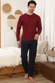 Yatay Çizgili Düğme Detaylı Erkek Pijama Takımı Bordo thumbnail 2
