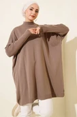 Kol Ribanalı Oversize Triko Tunik Vizon thumbnail 1