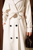 Düğmeli Kuşaklı Deri Trençkot Ekru thumbnail 4