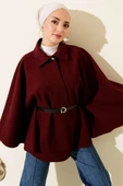 Kemerli Gömlek Yaka Kaşe Panço Bordo thumbnail 1