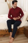 Yatay Çizgili Düğme Detaylı Erkek Pijama Takımı Bordo thumbnail 1