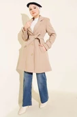 Kuşaklı Gold Düğmeli Kaşe Kaban Bej thumbnail 2